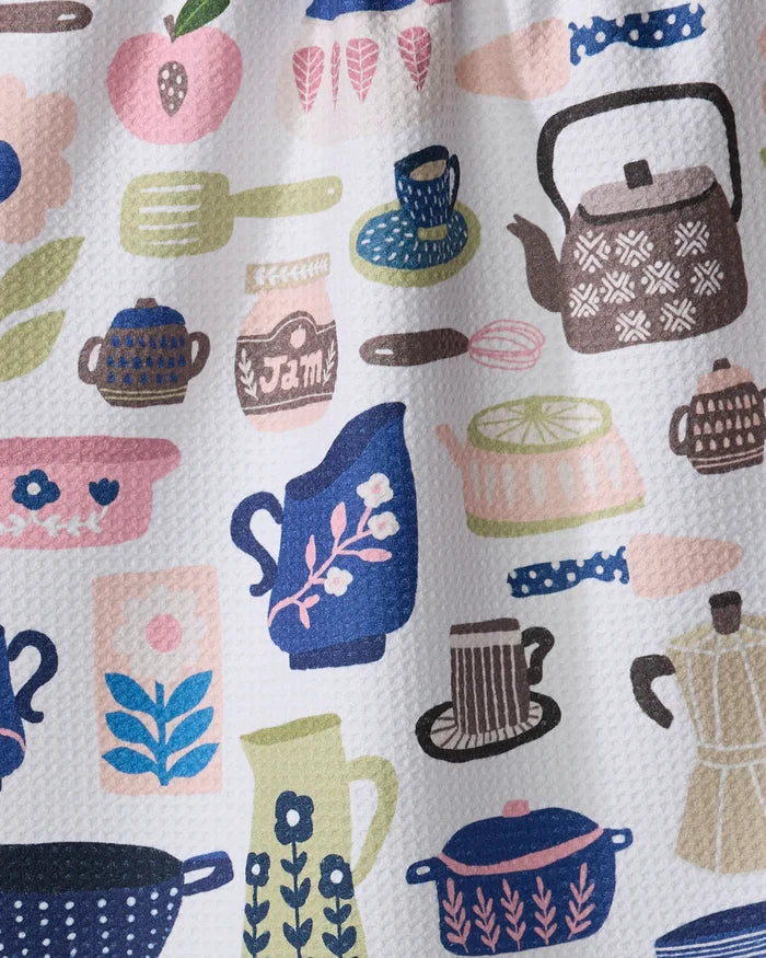 Utensils" by Cottonflower Studio showcases a vibrant kitchen-themed pattern with teapots, cups, jam jars, and utensils on white—ideal for tea towels or eco-friendly crafts.