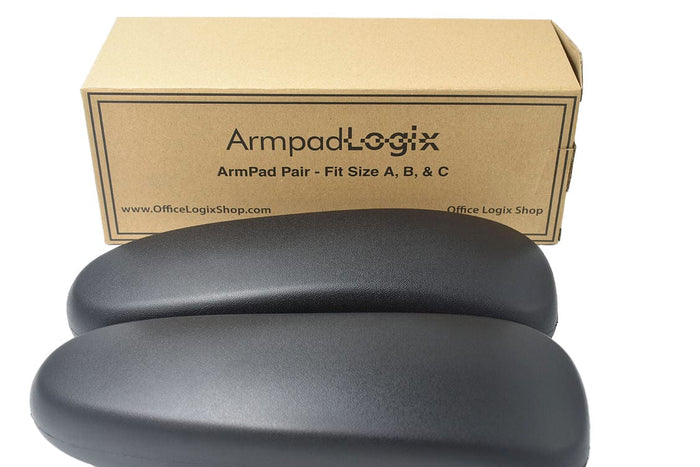 Black vinyl office chair arm pads pair in front of Office Logix Shop branded box
