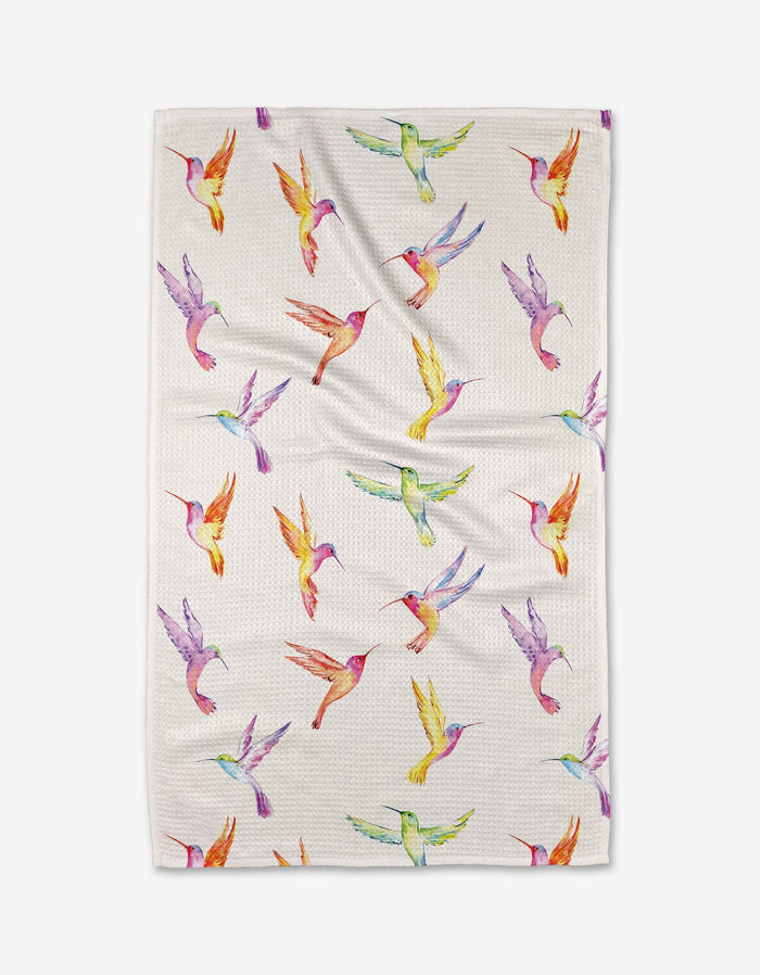 The Elena Fay Watercolor Hummingbirds towel features a vibrant watercolor-style hummingbird pattern on ultra-absorbent Geoweave fabric.