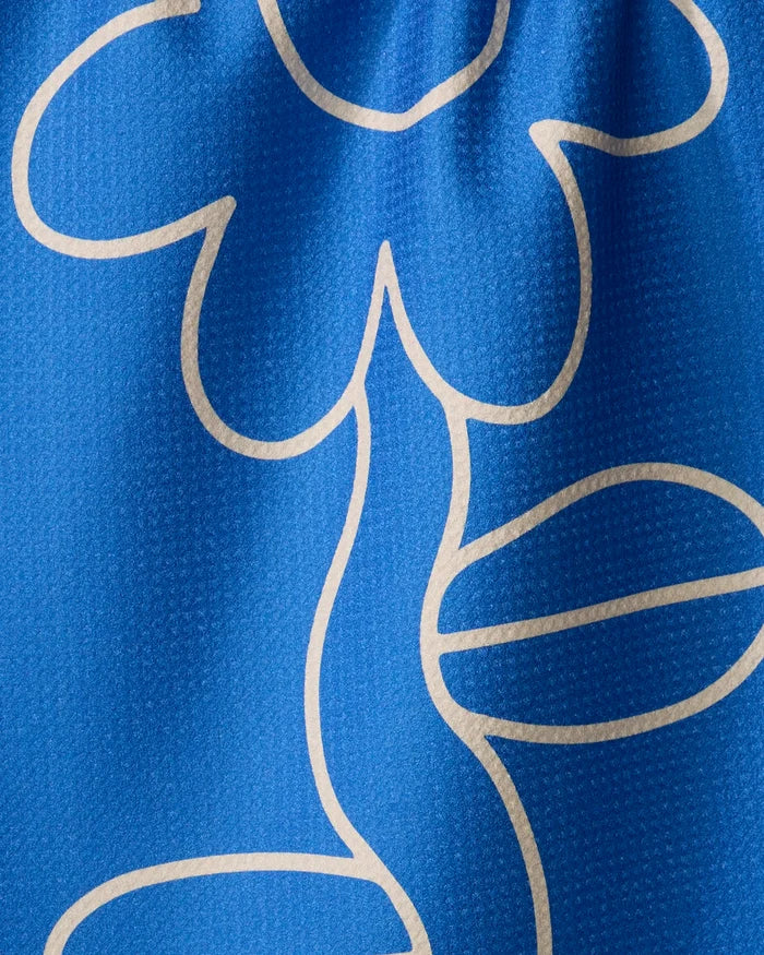 A close-up of the Beetle Ink Co. Wavy Daisy tea towel in blue, featuring a white simple daisy and leaf line design on textured fabric with gentle folds.