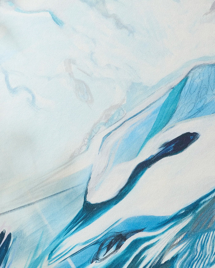 Where He Laid To Go" by Kelly Peters features flowing blue, white, and black shapes evoking icy mountains—perfect inspiration for a recycled or non-slip yoga towel that reflects a cold, wintry landscape.