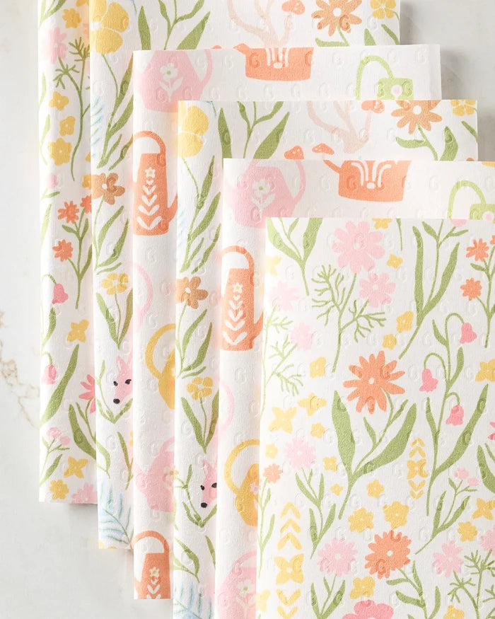 Whimsy and Retro by Kayla Ann: set of 5 reusable paper towels featuring a vibrant floral and gardening tool pattern with pink, yellow, and green on white—a stylish, eco-friendly addition to your home.