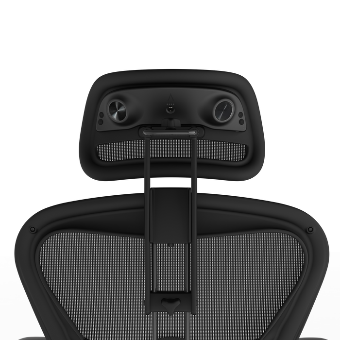 Rear view of the Atlas Aeron Chair Headrest Bluetooth Speaker in Onyx installed on a Herman Miller Aeron chair