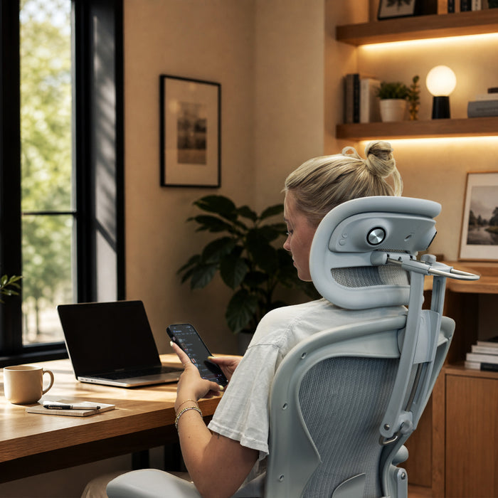 Atlas Mineral Aeron Headrest Bluetooth Speaker being used with Phone music.