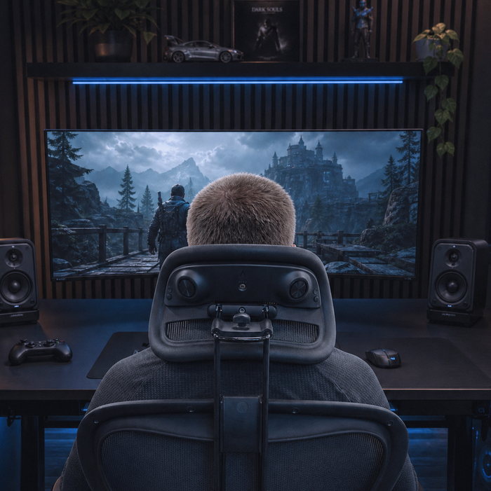 Graphite Atlas Aeron Headrest Bluetooth Speaker being used during a late gaming session.