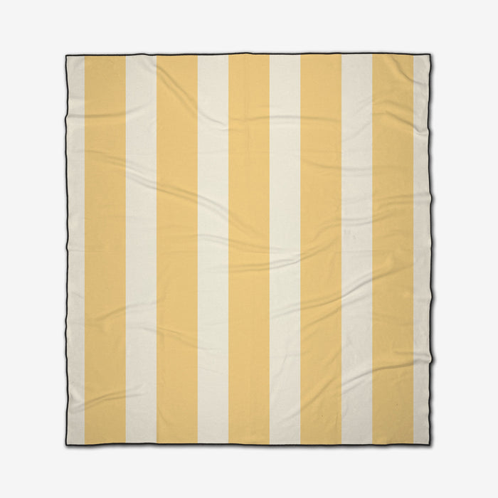 The Yellow Block Stripes beach blanket by GEOMETRY is a square, quick-drying design featuring alternating light yellow and off-white vertical stripes, a slight wrinkle texture, and a thin black border.